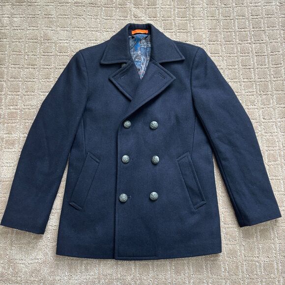 Tallia Wool Navy Blue Peacoat Men Medium Silver Eagle Buttons Preppy Military - Picture 1 of 8